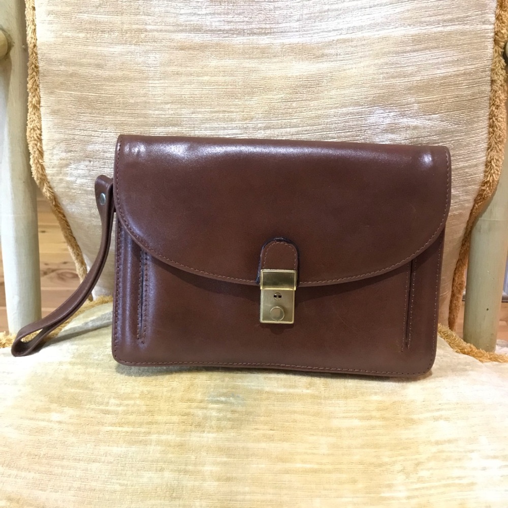 Vintage Clutch Wristlet Bag Brown Leather Unisex Purse with Lock + Key Preowned